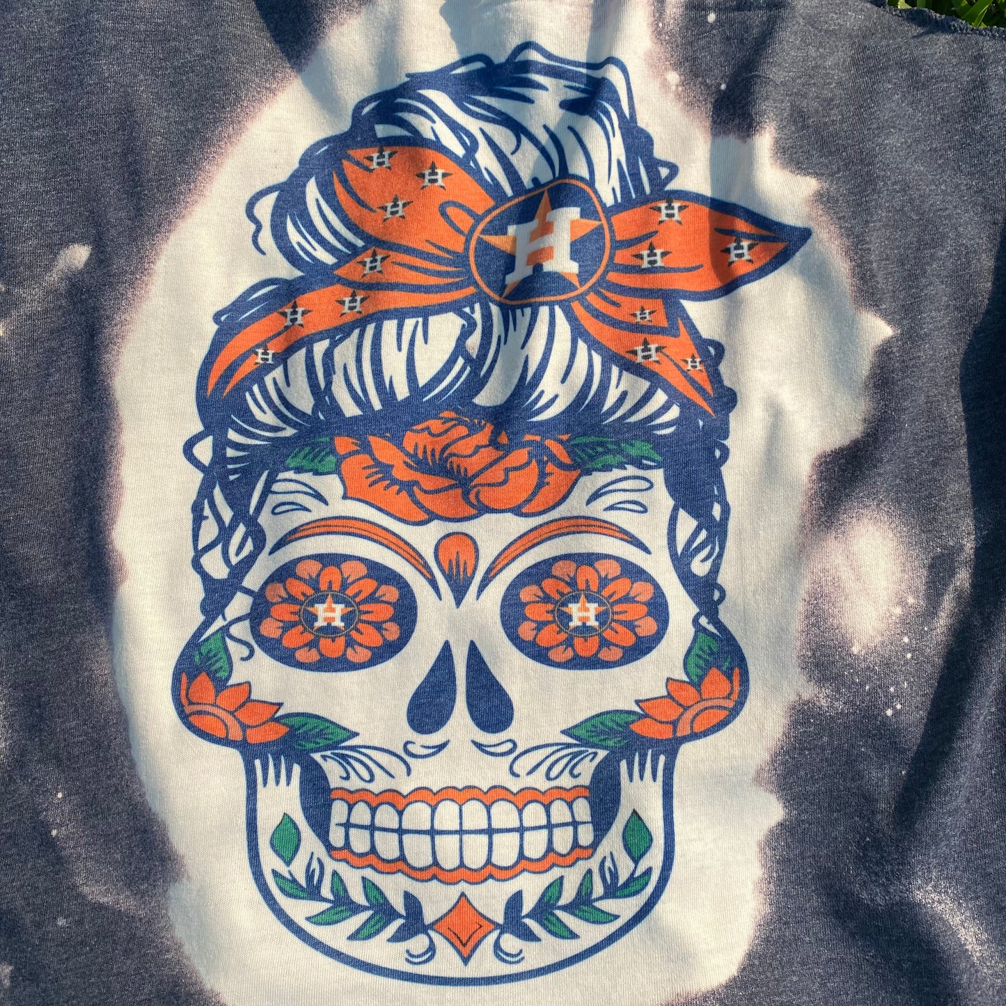 Astros Messy Bun Calavera Women's Tank Top – Unique Hand-Bleached Sugar Skull Design